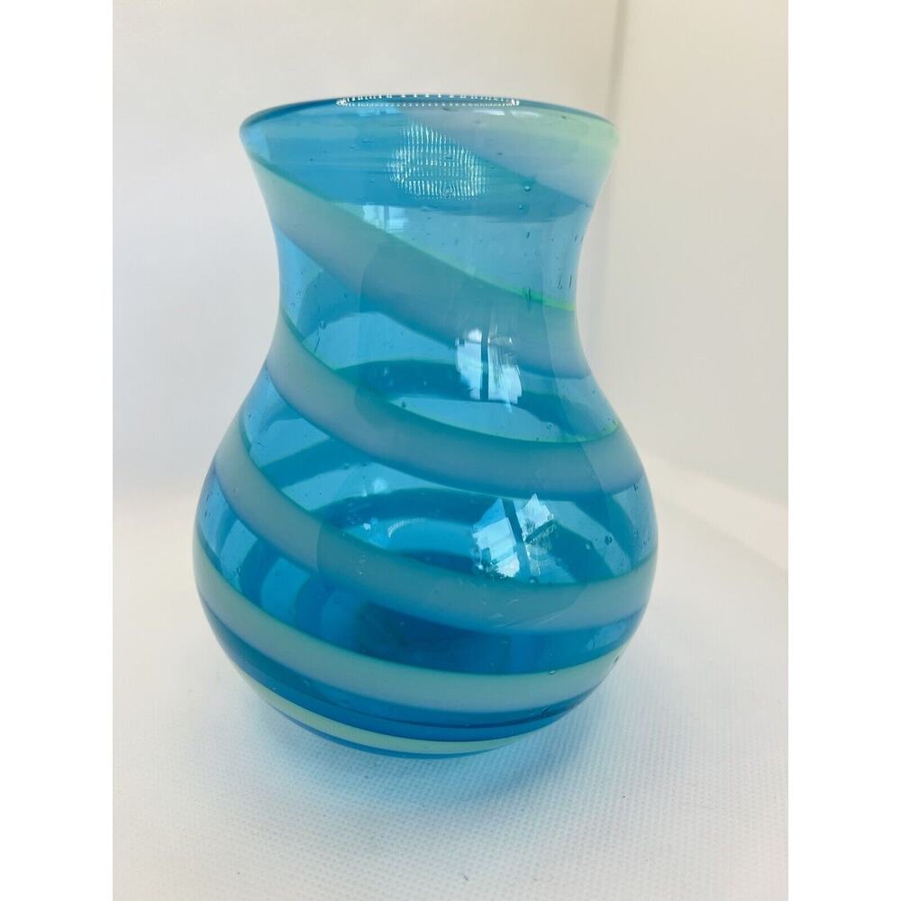 Hand Blown Art Glass Blue Swirls Decorative 5" Vase